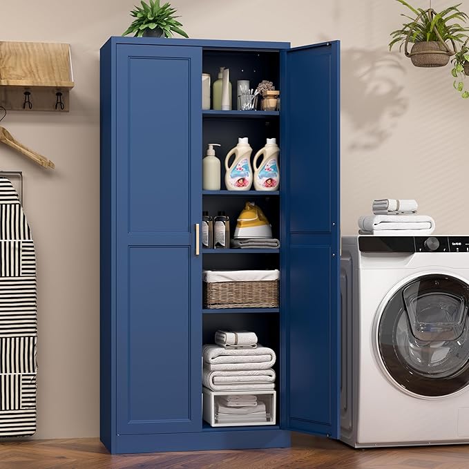 71" Metal Pantry Cabinet, Tall Kitchen Pantry Storage Cabinet with 4 Adjustable Shelves and Gold Handles, Blue Cupboard for Kitchen, Dining Room, Living Room