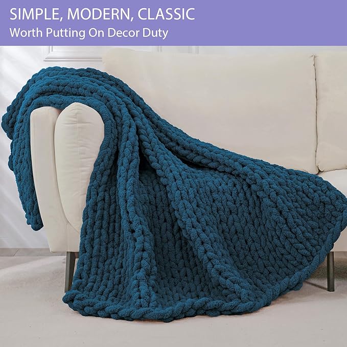 Bigacogo Chunky Knit Throw Blanket for Couch, 51x63 inches, 100% Hand Knitted with Thick Jumbo Chenille Yarn, Cozy Soft Large Rope Knot Cable Crochet Blankets for Sofa Bed Living Room, Deep Sea Blue