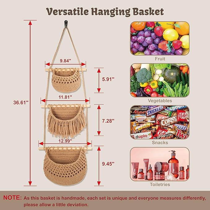 3 Tier Hanging Fruit Basket for Kitchen, Handmade Woven Cotton Hanging Wall Basket for Fruit Vegetable with 6 Hooks, Boho Style Over The Door Organizer for Living Bathroom Bedroom
