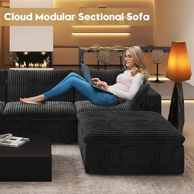 78.74" L Shaped Modern Sofa Modular Sectional Cloud Couch with Ottoman,Upholstered Couches with Plush Corduroy Fabric for Living Room Furniture,Bedroom and Apartment,No Assembly Required,Black