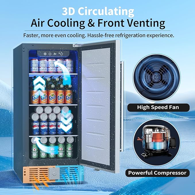 15 Inch Undercounter Beverage Refrigerator - 126 Cans Beverage Fridge with Stainless Steel Door for Beer Wine Soda - Built-in or Freestanding Wine Cooler for Home Kitchen Bar
