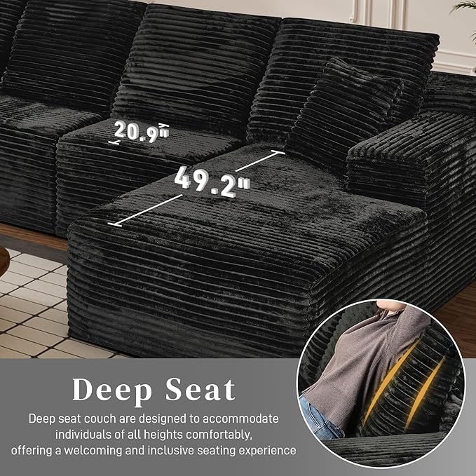Modular Sectional Sofa Cloud Sectional Couch, 135" Comfy Fluffy U Shaped Black Couches for Living Room, Deep Seat Memory Foam Plush Corduroy Boneless Couch Sectionals with Right Facing Chaise Sofa