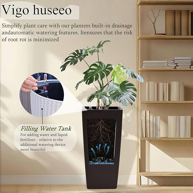 30in Tall Large Plant Pots Planter-Self-Watering Indoor/Outdoor Planting with Drain Holes, Water Level Monitor, Inner Bucket for Front Porch Patio, Brown Large