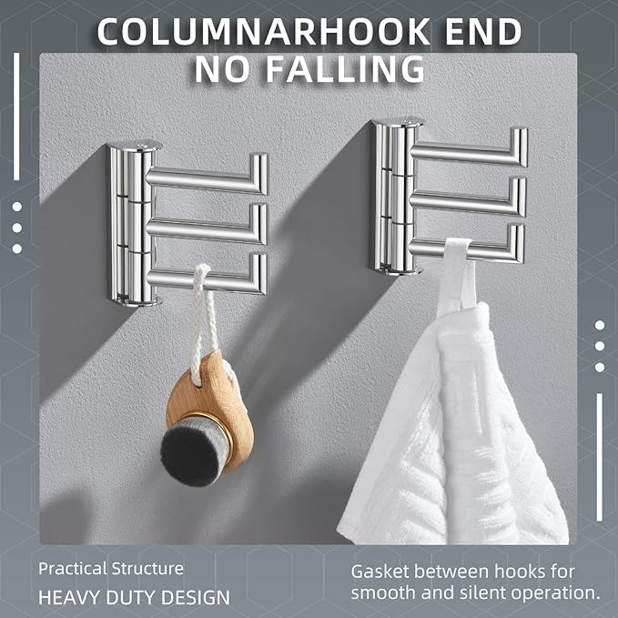 Angle Simple Swivel Towel Hooks for Bathroom, SUS 304 Stainless Steel Foldable 3 Arms Hand Towel Holder, Coat Wall Hooks, Polished Chrome, 2 Pack