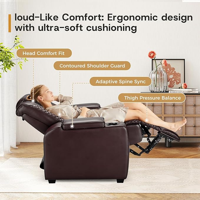 ANJ Power Home Theater Seating Set of 2, Brown Faux Leather Electric Recliner Chair with Powered Headrest, Dual Motors Movie Reclining Chairs with LED Lights,USB Port,Cup Holders, Hidden Arm Storage