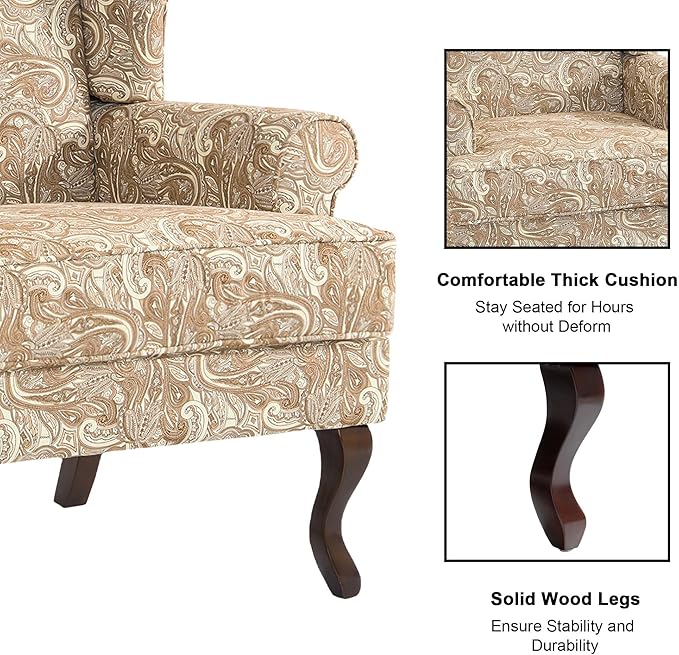 Accent Chair, High Back Upholstered Armchair with High Resilience Sponge & Wood Legs, Mid-Century Modern Comfy Single Sofa Reading Chairs for Living Room, Bedroom (Floral Sand, Set of 1)