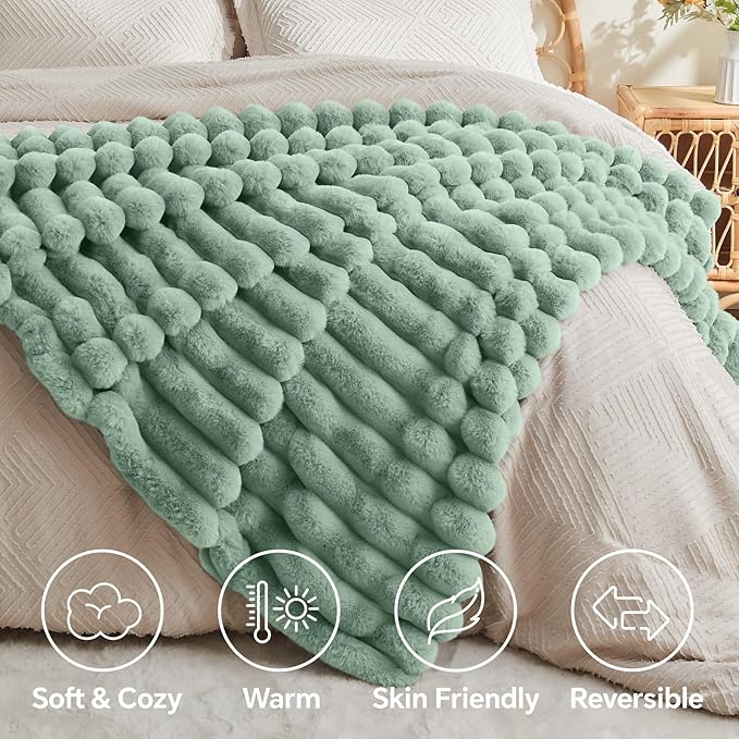 BEDELITE Faux Rabbit Fur Blanket, Luxurious 3D Striped Spring Blanket for Decor & Gift, Soft and Warm Plush Fluffy Faux Fur Throw Blanket All Seasons Suitable, (Sage Green, 60"x 80")