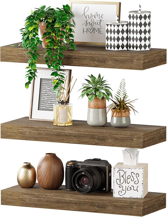 BAMEOS Floating Shelves, 16x6 Wall Mounted Wooden Shelves with Invisible Brackets Set of 3, Hanging Wall Shelves Decoration for Bedroom, Bathroom, Living Room and Kitchen