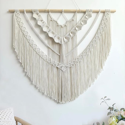Achart Macrame Wall Hanging Large- Boho Wall Decor- large wall art- Wall Decor Living Room- Macrame Tapestry Boho Decor for Bedroom (Beige-Shells)
