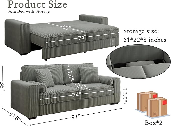 91-Inch Corduroy Pull Out Couch with Storage, Convertible Queen Sleeper Sofa with Pull Out Bed, Hide a Bed Couches for Bedroom, Guest Room, Apartment, Small Places, RV (Grey)