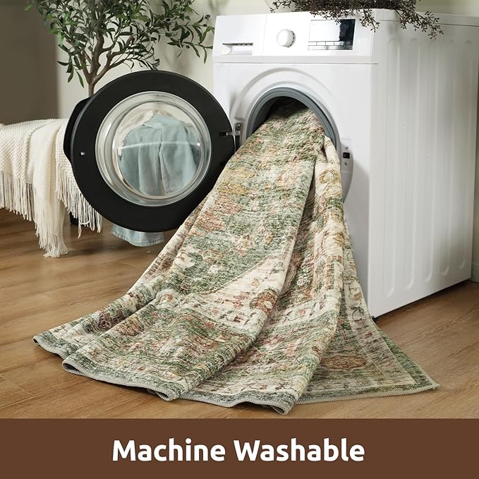 AMOAMI-Area Rug 5X7 Rugs for Living Room-Vintage Soft Green Rugs for Bedroom-Non Slip Carpet-Machine Washable Rug for Dining Room Living Room Bedroom Office Under Table