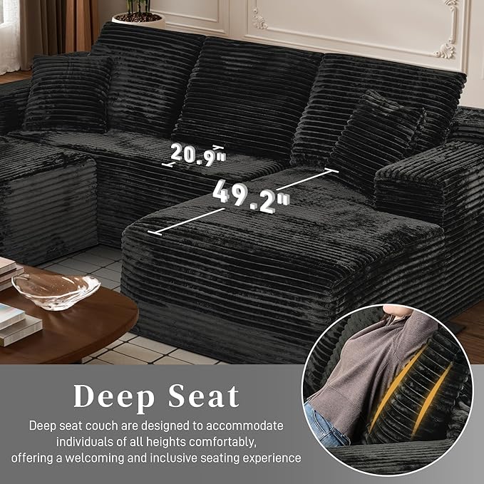 Modular Sectional Sofa Cloud Sectional Couch, 107" Comfy Fluffy U Shaped Black Couches for Living Room, Deep Seat Memory Foam Plush Corduroy Boneless Couch Sectionals with Right Facing Chaise Sofa