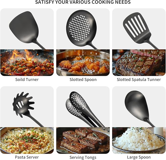 304 Stainlss Steel Matte Kitchen Utensils Set, 11 Pcs Long Metal Cooking Utensil Gadgets Tools Set with Spatula, Ladle, Spoon, Ladle, Skimmer, Tunner, Pasta Server, Tongs(Black, Dishwasher Safe)