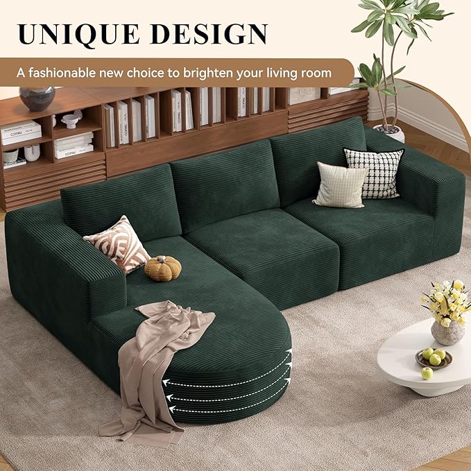 Modular Sectional Sofa with L-Shape Chaise,Cloud Sectional Modern Sleeper Couch with Deep Seat,Sponge Compression Sofas No Assembly Required (Green-Corduroy Fabric) 1PCS