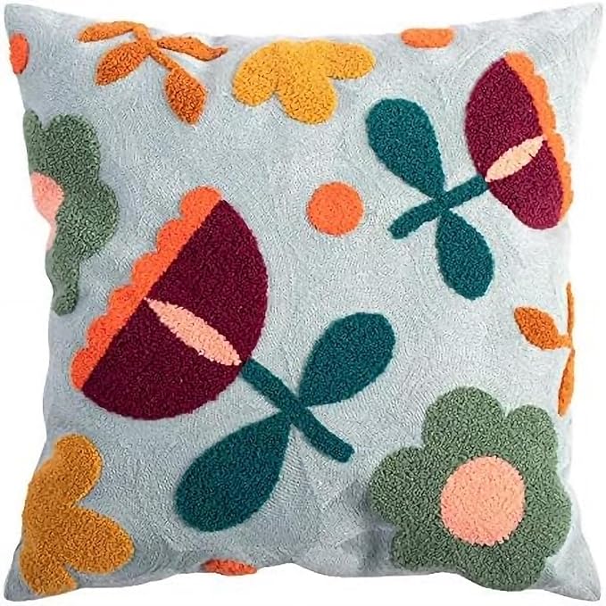 MOCOFO Canvas Embroidered Throw Pillow Cover with Flower Spring Embroidery Craft Modern Simple Sofa Office Pillow Pillow Case (Flower, 18x18’’)