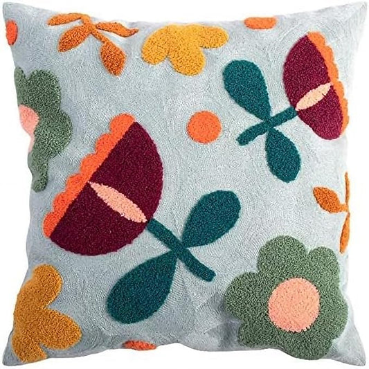 MOCOFO Canvas Embroidered Throw Pillow Cover with Flower Spring Embroidery Craft Modern Simple Sofa Office Pillow Pillow Case (Flower, 18x18’’)