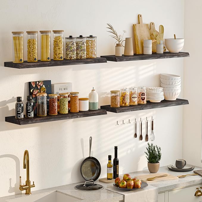 72 Inch Floating Shelves for Wall, Rustic Elm Wood Floating Shelves for Home Décor, Wall-Mounted Display Shelves with Heavy-Duty Bracket, Long Floating Shelf for Kitchen, Living Room, Walnut Finish