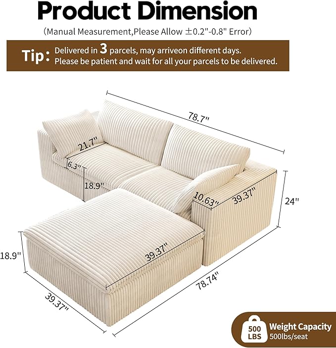 78.74" L Shaped Modern Sofa Modular Sectional Cloud Couch with Ottoman,Upholstered Couches with Plush Corduroy Fabric for Living Room Furniture,Bedroom and Apartment,No Assembly Required,White