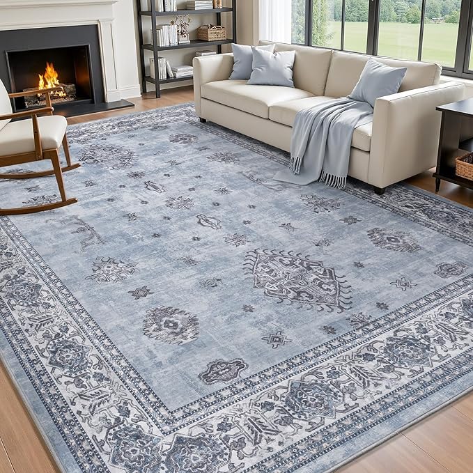 AMOAMI-Vintage Area Rug 5X7 Blue Rugs for Living Room-Soft Living Room Rug Non Slip Rugs for Bedroom Carpet Machine Washable Rug for Dining Room Bedside Office Room Decor