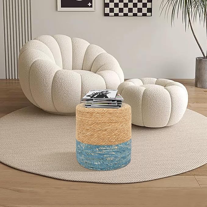 16'' Round Ottoman Natural Seagrass Braided Poof Hand Weaving Round Ottomans Boho Footrest Stool for Home Living Room Bedroom Patio(Natural&Blue)