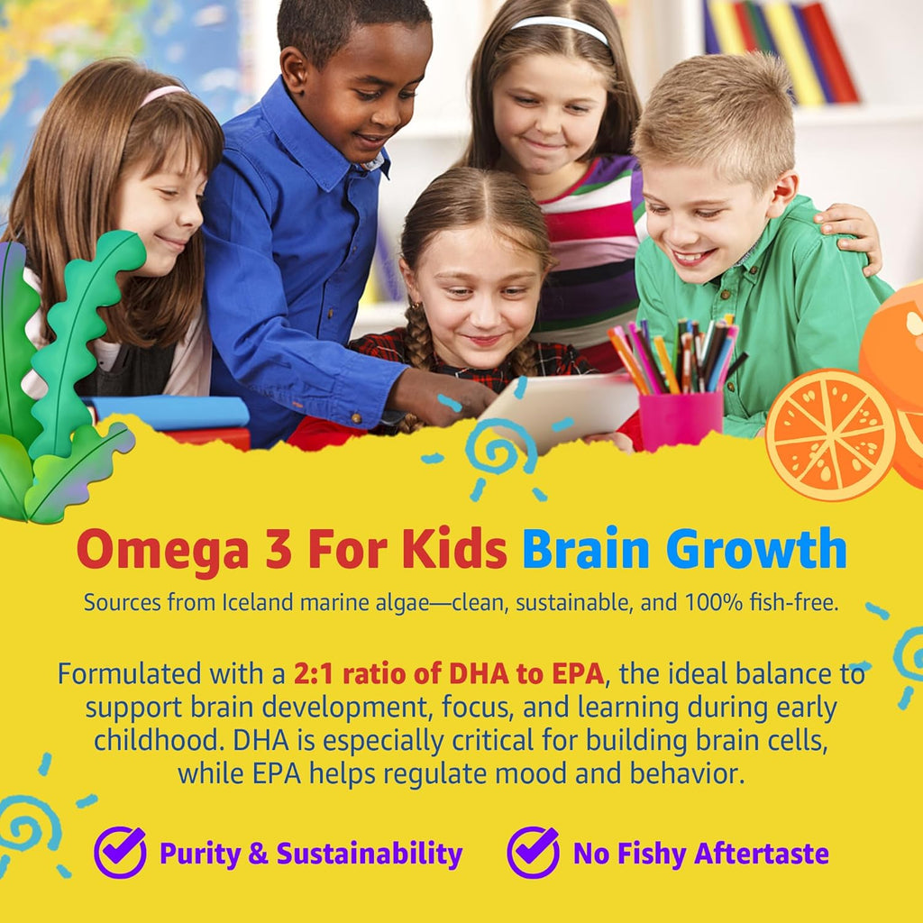 (2 Pack) Kids Multivitamin Gummies with Iron, Sugar Free, Kids Daily Vitamins + Probiotics, Algae Omega 3 (EPA/DHA), A, C, D, Methyl B12, Folate, B6, Zinc, Biotin, for Healthy Growth, Immune Support