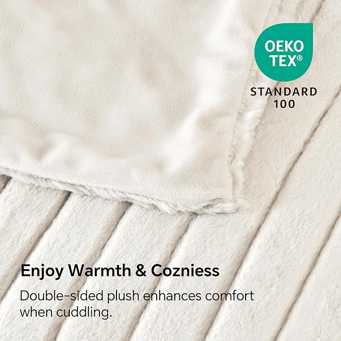 BEDELITE Faux Fur Throw Blanket for Couch, Soft and Cozy 3D Ribbed Fluffy Blanket, Thick Warm Plush Fuzzy Faux Rabbit Fur Blanket for Women Gift (Beige, 50"x 60")