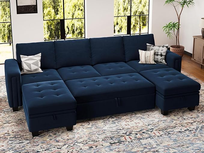 Belffin Modular Sectional Sleeper Sofa with Pull Out Bed Convertible U Shaped Sectional Sofa Couch with Storage Chaises for Living Room Blue