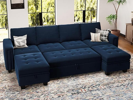 Belffin Modular Sectional Sleeper Sofa with Pull Out Bed Convertible U Shaped Sectional Sofa Couch with Storage Chaises for Living Room Blue