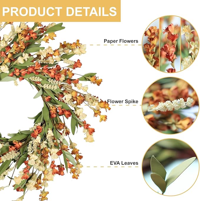 Artgar Fall Wreath, Fall Wreaths for Front Door, 24 in Fall Decor Floral Wreath, Door Wreaths for Front Door Outside All Season for Thanksgiving Home Indoor Outdoor Wall Decor (White Orange Yellow)