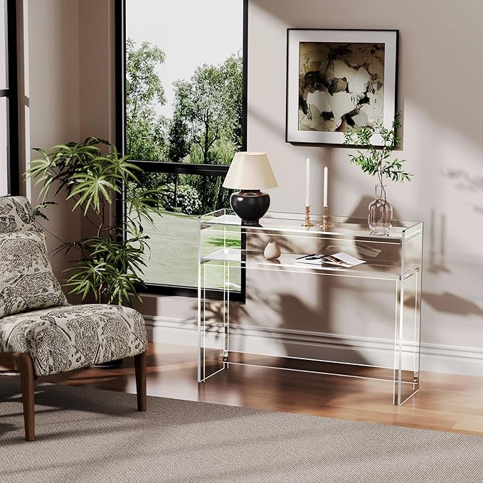 Acrylic Console Table, Entryway Table with Storage Shelves (1, 39.4 * 31.5 * 11.7) (Clear)