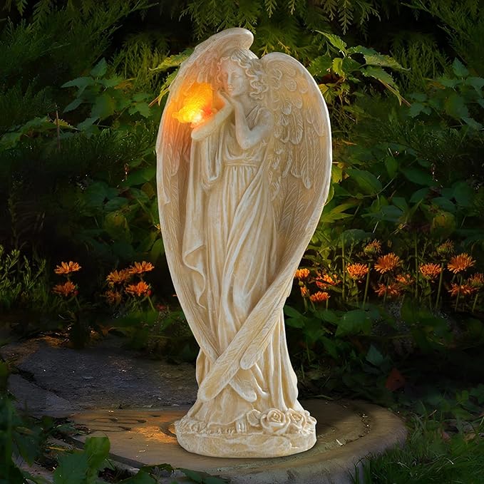 Angel Figurine, Large Angel Garden Statues Outdoor with Butterfly Solar LED Lights Lawn Decorations Yard Ornament Sculptural for Outside Patio Decor, Angel Gardening Gifts
