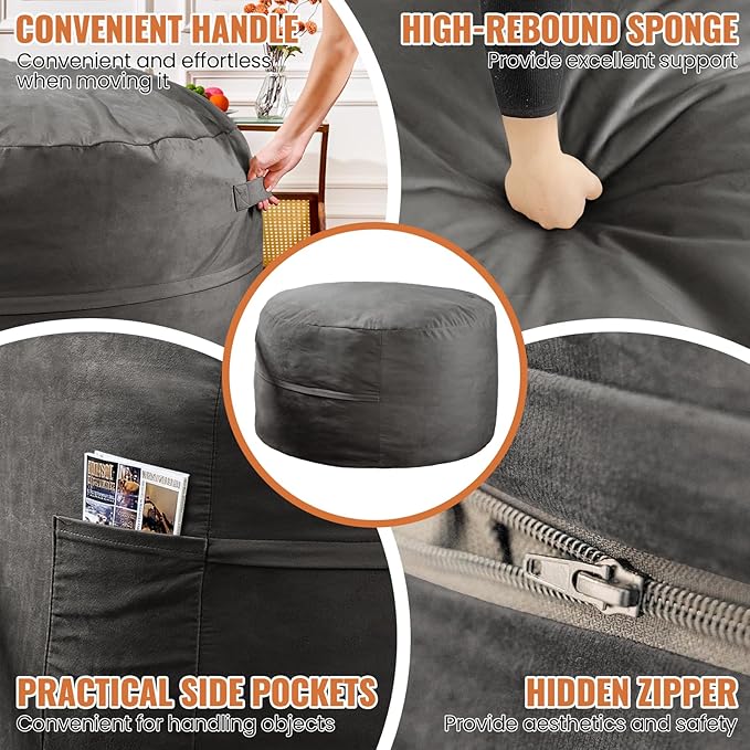 4FT Bean Bag Chair: Bean Bag with Velvet Cover, Fluffy and Comfy Bean Bag Chairs for Adults and Kids, Bean Bag Sofa Filled with High-Density Sponge for Gaming (Grey)