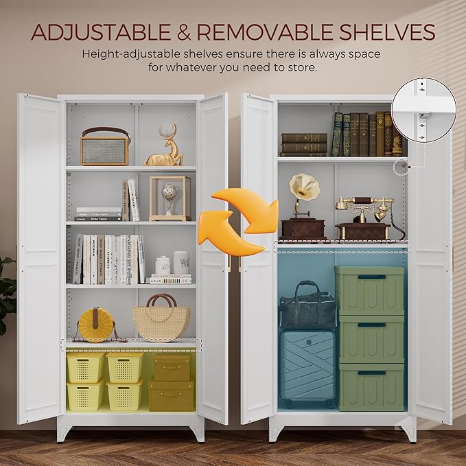 75" Kitchen Pantry Cabinet, White Metal Storage Cabinets with 2 Doors and 4 Adjustable Shelves, Tall Pantry Storage Cabinet for Kitchen, Dining Room, Living Room