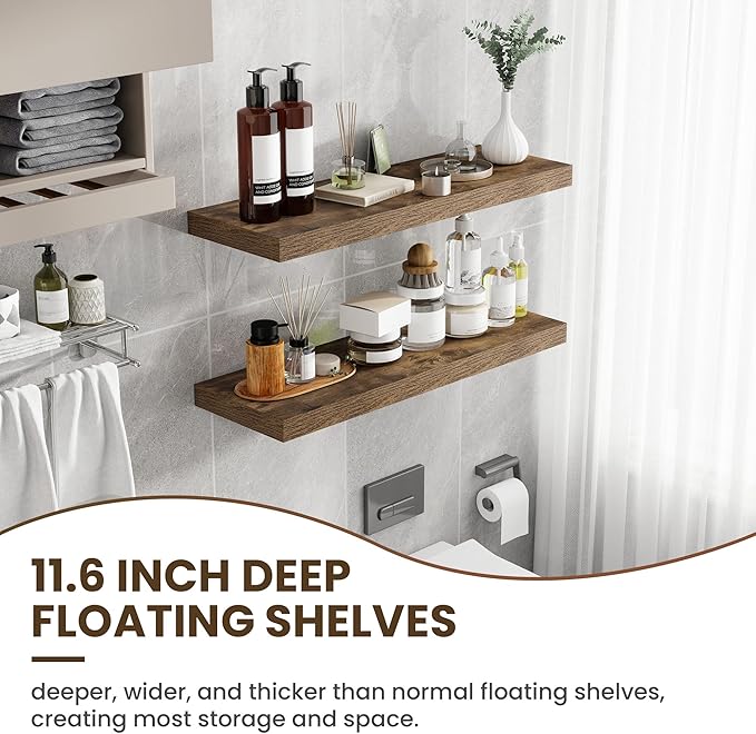 36 Inch Floating Shelves, 11.6 Inch Deep Floating Shelves for Wall, Floating Shelf with Invisible Brackets, Deep Shelves for Bathroom, Bedroom, Living Room, 2 Pack, Brown