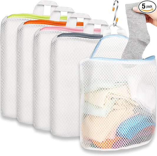5Pcs Hanging Laundry Bags for Socks with S Hooks, 5 Color Mesh Laundry Bags for Washing Machine