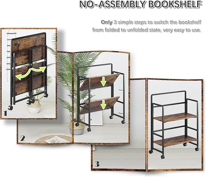 4NM 2 Tiers No-Assembly Folding Bookshelf with Wheels, Portable Rolling Storage Bookcase & Compact Side Table for Living Room, Bedroom, Kitchen, Bathroom (Rustic Brown and Black)