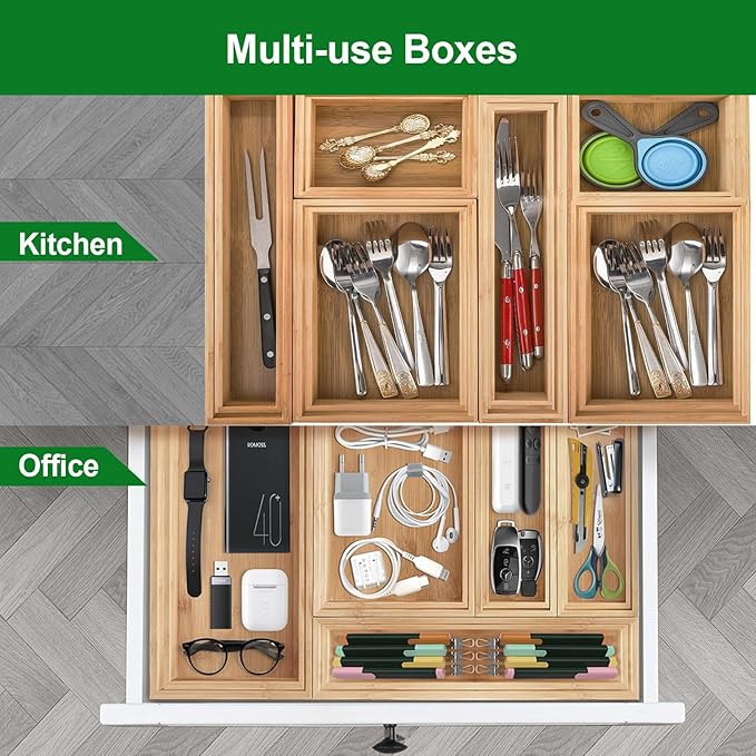 Bamboo Drawer Organizer, 2PCS Stackable Storage Boxes for Utensil Organizer, Wood Tray for kitchen, Bathroom and Bedroom 9" x 6" x 2"