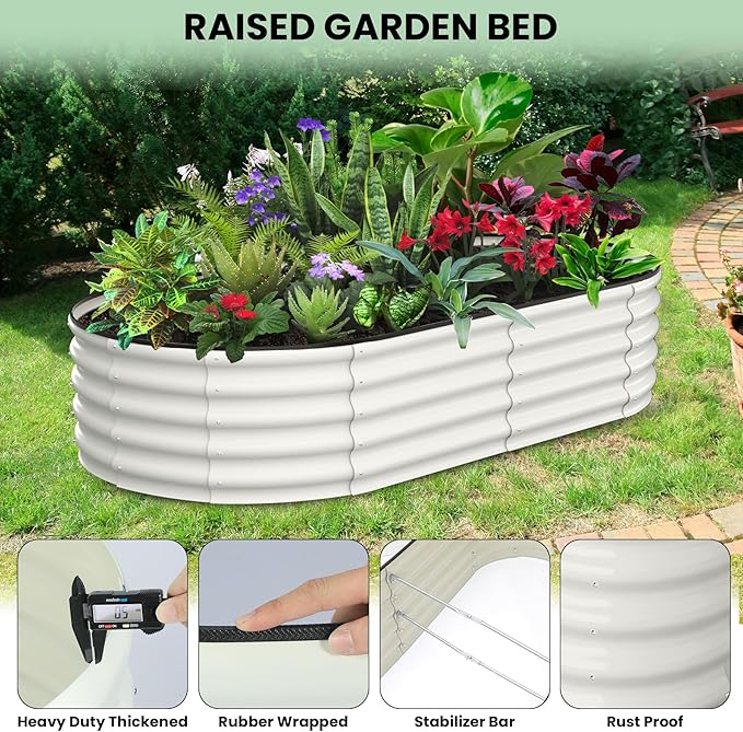 2 Pcs 6x3x2ft Oval Raised Garden Bed, Galvanized Raised Beds,Open-Ended Base Metal Raised Planter Beds,Garden Bed Outdoor,Planter Raised Boxes for Vegetables, Flowers,Tool-Free Asse,White