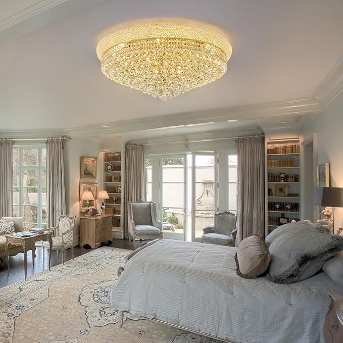 18-Light 32 inch Large Crystal Chandelier Flush Mount Ceiling Light Fixture for Living Room Dining Room Bedroom Foyer Entryway Gold Finish