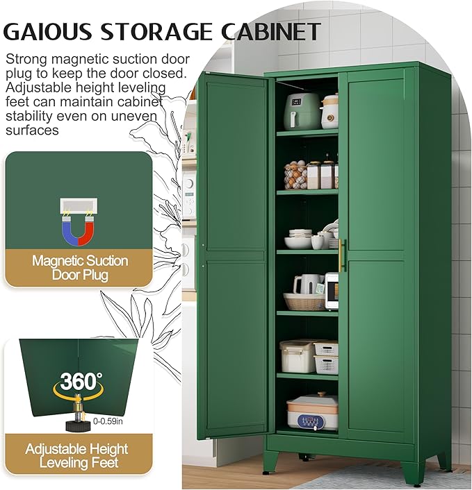 75.2" Tall Kitchen Food Pantry, Pantry Cabinet with 2 Door and 5 Adjustable Shelves, Green Laundry Room Cabinets, Freestanding Pantry for Kitchen, Study Room, Dining Room and Entryway