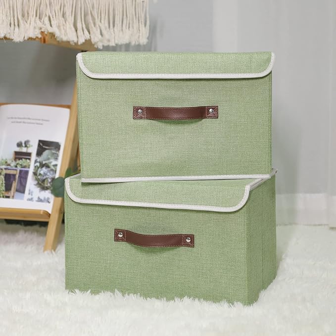 ANMINY 2PCS Storage Bins with Lid PU Leather Handles Storage Boxes PP Plastic Board Decorative Foldable Lidded Cotton Linen Fabric Home Cubes Baskets Closet Organizer Containers - Green, Large Size