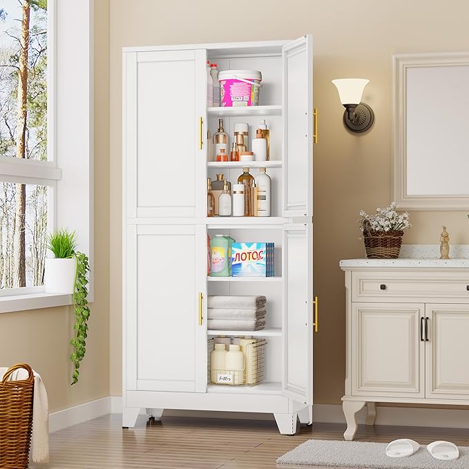 75.2" Tall Metal Pantry Cabinet, Kitchen Pantry Storage Cabinets with 4 Door and 4 Adjustable Shelves, White Storage Cabinet, Freestanding Cupboard for Kitchen Dining Room Living Room Bathroom