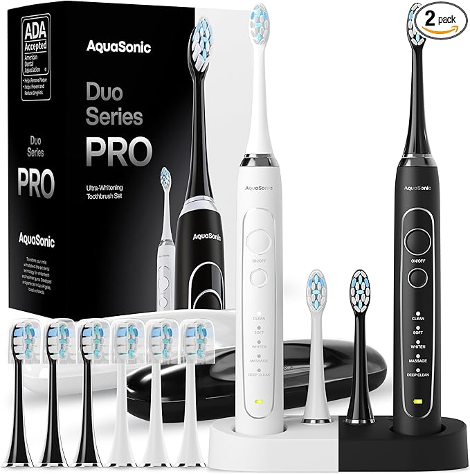 Aquasonic Duo Series PRO – Ultra-Whitening Electric Toothbrush Set – 5 Modes & Smart Timers – Premium Travel Cases & 10 Proflex Brush Heads – ADA Accepted Toothbrushes