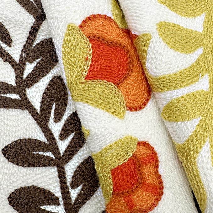 Alysheer Floral Embroidered Fall Decorative Throw Pillow Cover 18"x 18", Farmhouse Cottage Orange Flowers Brown Leaves Knit Pattern Cotton Canvas Cushion Case for Sofa Couch Bed Living Room Decor