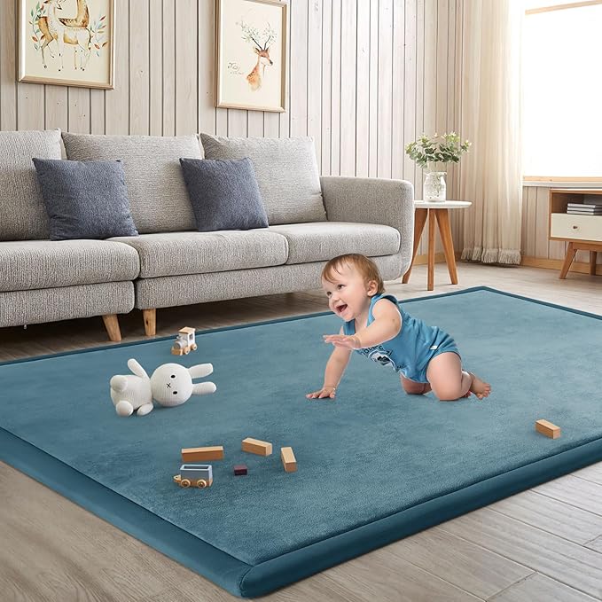 Baby Play Mat for Floor Tummy Time Mat Nursery Muscle Area Playroom Rug Tatami 79"x138" Memory Foam 1.3" Thick Crawling For Babies,Toddlers, Infants, Kids,Floor(Green)