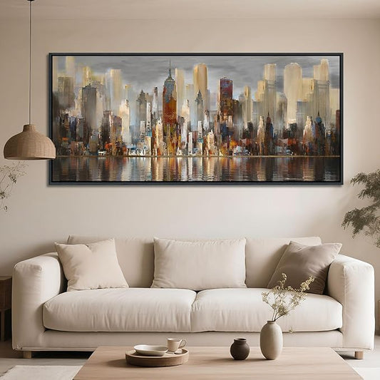 Framed Large Cityscape New York Wall Art Canvas Prints Abstract Brown City Theme Paintings Modern Canvas Wall Art for Living Room Pictures Wall Decor Bedroom Big Size 31x70
