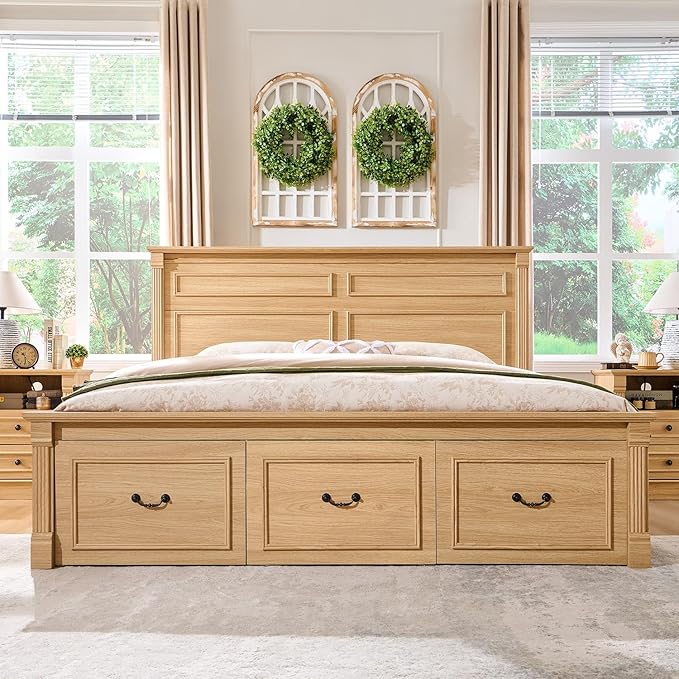 26" Tall Farmhouse Nightstand, 2 Drawers End Table w/Charging Station, 23.6" Wide Large Side Table w/Roman Column, Wood Rustic Sofa Table w/Open Shelf, Bedside Table for Bedroom, Natrual