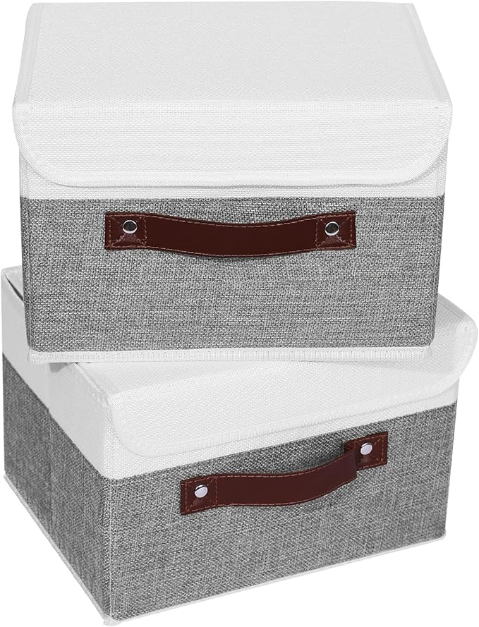 ANMINY 2PCS Storage Boxes with Lid Washable Decorative Storage Bins Basket with PU Leather Handle Foldable Linen Fabric Storage Cubes Containers for Home Closet Organizer - Gray White, Small Size