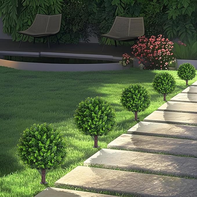 Artificial Topiary Tree with Eucalyptus, Set of 2 Artificial Shrub Bushes with Ground Spike, Fake Evergreen Tree for Porch, Artificial Plants for Outdoor Planters Indoor UV Resistant