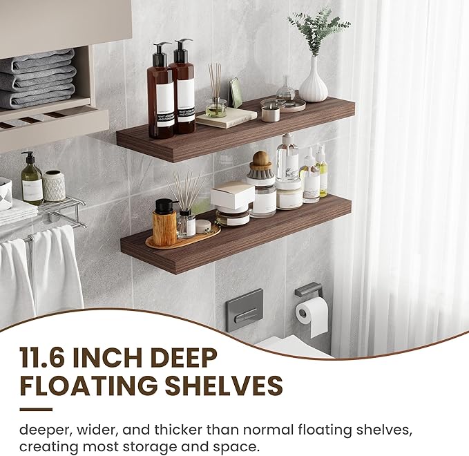 36 Inch Floating Shelves, 11.6 Inch Deep Floating Shelves for Wall, Floating Shelf with Invisible Brackets, Deep Shelves for Bathroom, Bedroom, Living Room, 2 Pack, Walnut
